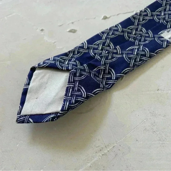 Hermes Necktie Men's 100% Silk Luxury Geometric Chain Logo Blu Made in France - Picture 7 of 11